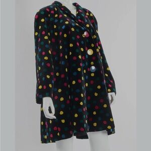 Cattiva 1980's Black Cotton Velvet Colorful Polka Dot Print Swing Coat fits L/XL